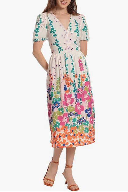Cocktail Dresses Floral Print Puff Sleeve Cocktail Midi Dress Ivory Hot Pink