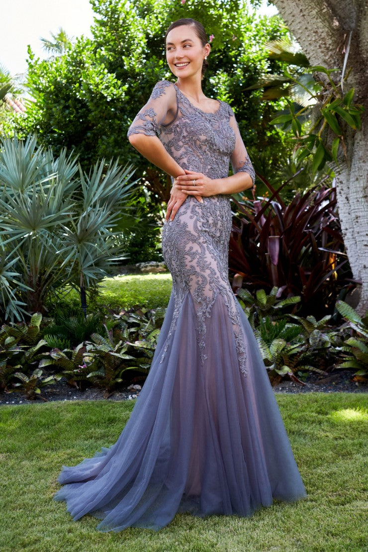 Formal Dresses Long Metallic Lace Fit Formal Dress Charcoal/Nude