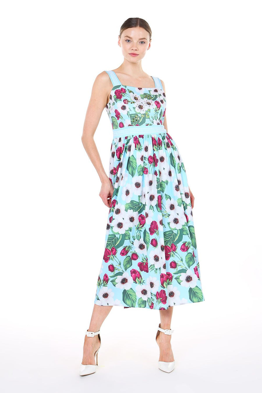 Cocktail Dresses Floral Sleeveless Strap Midi Dress Blue