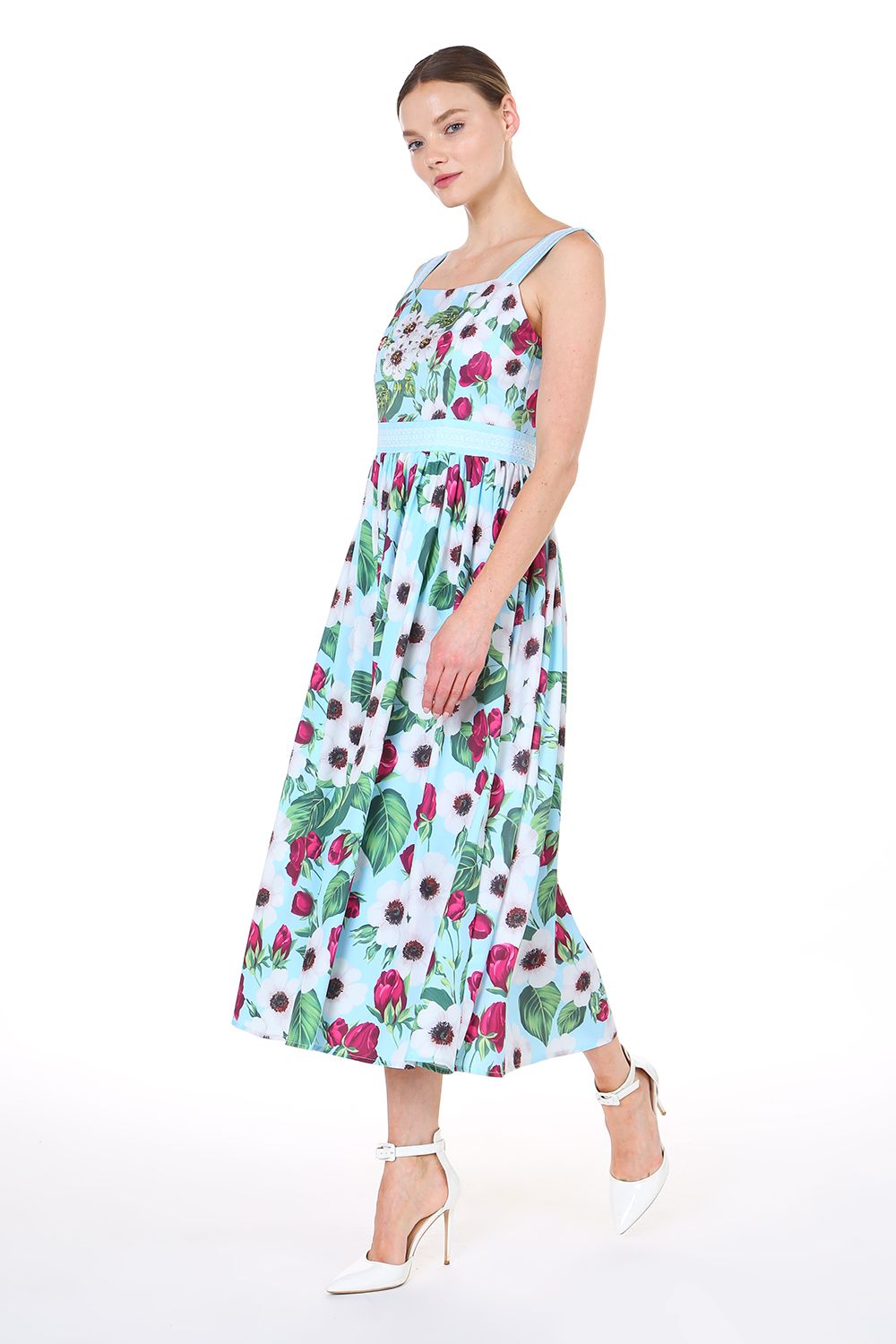 Cocktail Dresses Floral Sleeveless Strap Midi Dress Blue