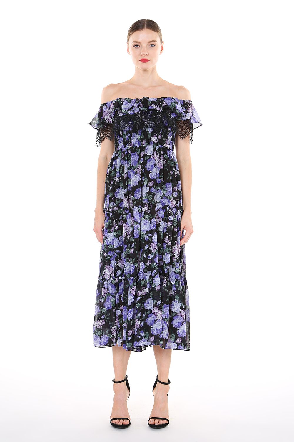 Cocktail Dresses Off Shoulder Floral Lace Trim Midi Dress Black