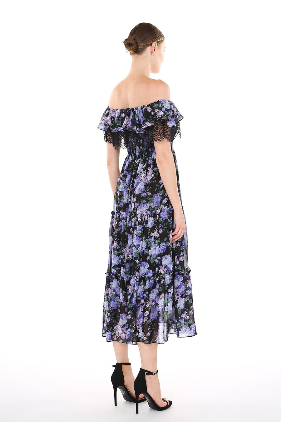 Cocktail Dresses Off Shoulder Floral Lace Trim Midi Dress Black