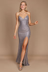 A stunning long formal fitted prom dress in charcoal, adorned with shimmering sequins that catch the light, featuring a sleek silhouette and elegant design perfect for a glamorous evening event.
