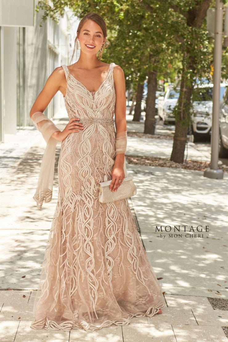 Formal Dresses Long Beaded Lace Metallic Evening Formal Dress Cappuccino