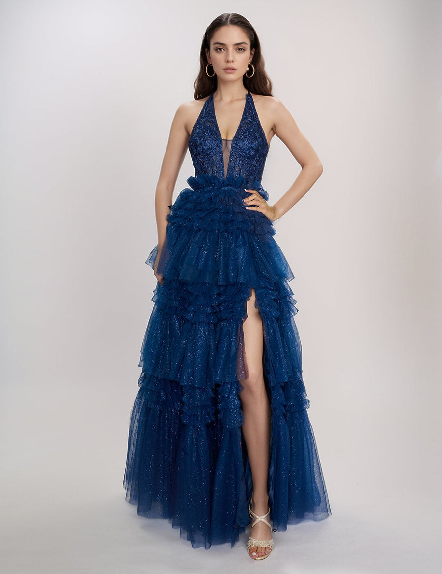 Prom Dresses Long Layered Formal Prom Ruffle Slit Dress Navy
