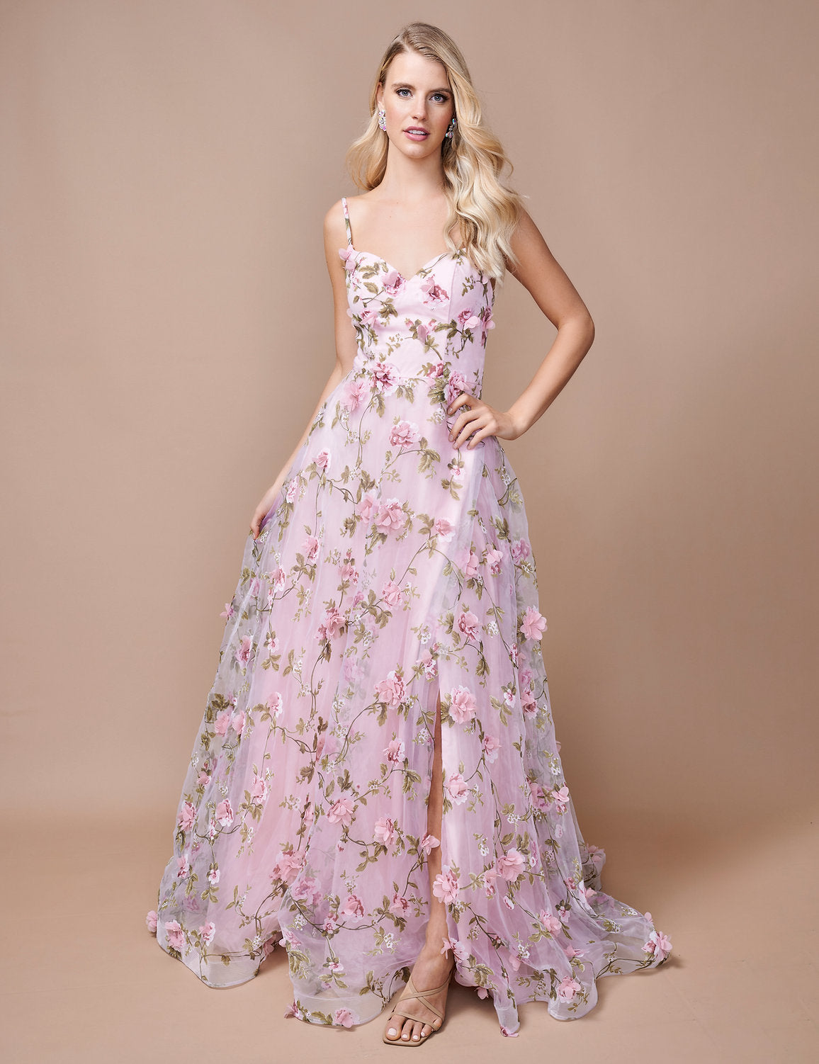 Prom Dresses A Line Long Formal Floral Print Prom Slit Dress  Pink