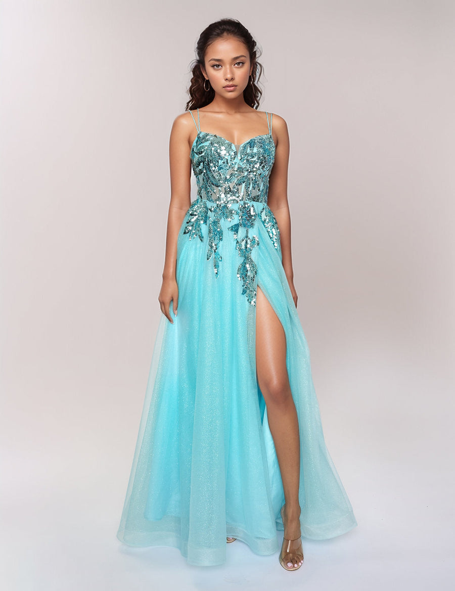 Prom Dresses Long Slit Formal Prom Beaded Dress Aqua