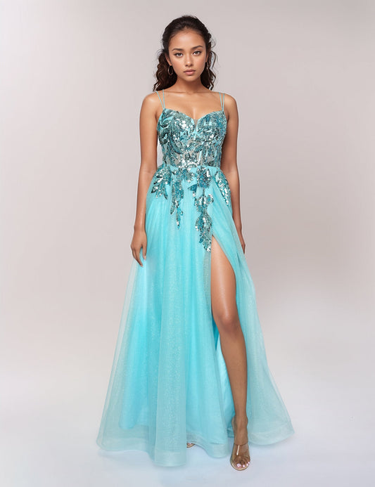 Prom Dresses Long Slit Formal Prom Beaded Dress Aqua