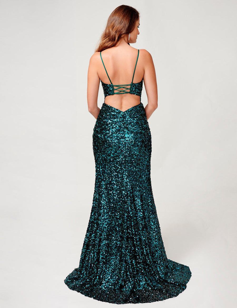 Prom Dresses Long Formal Slit Prom Sequin Dress Emerald