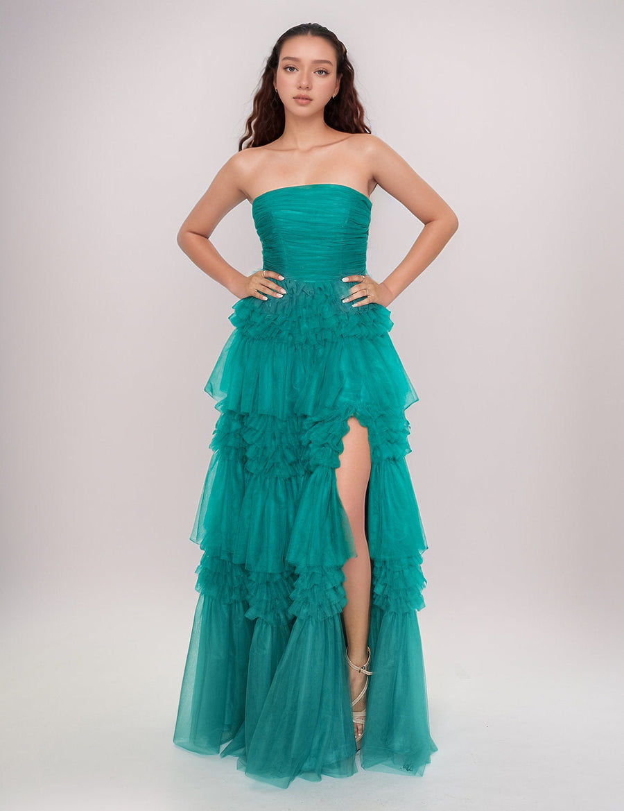 Prom Dresses Long Formal Slit Prom Layered Dress Teal