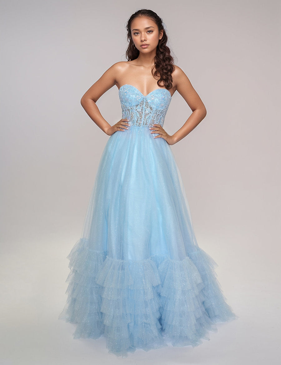 Prom Dresses A Line Long Formal Prom Ruffle Dress Blue