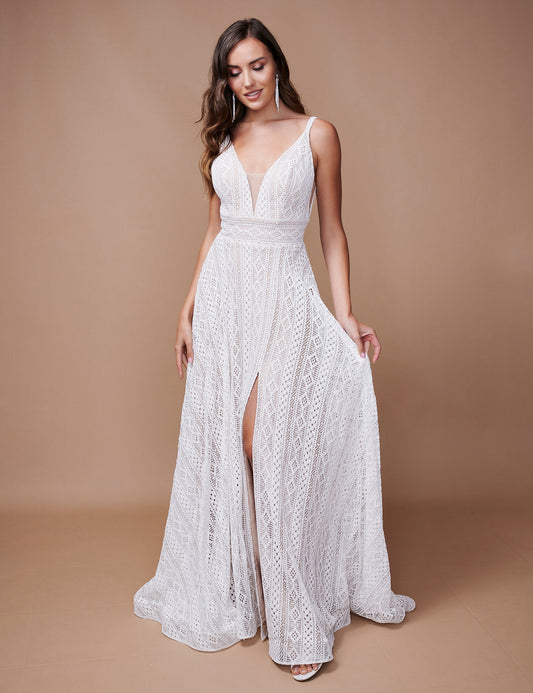 Wedding  Dresses Long Slit Bridal Gown Simple Wedding Dress Ivory/Nude