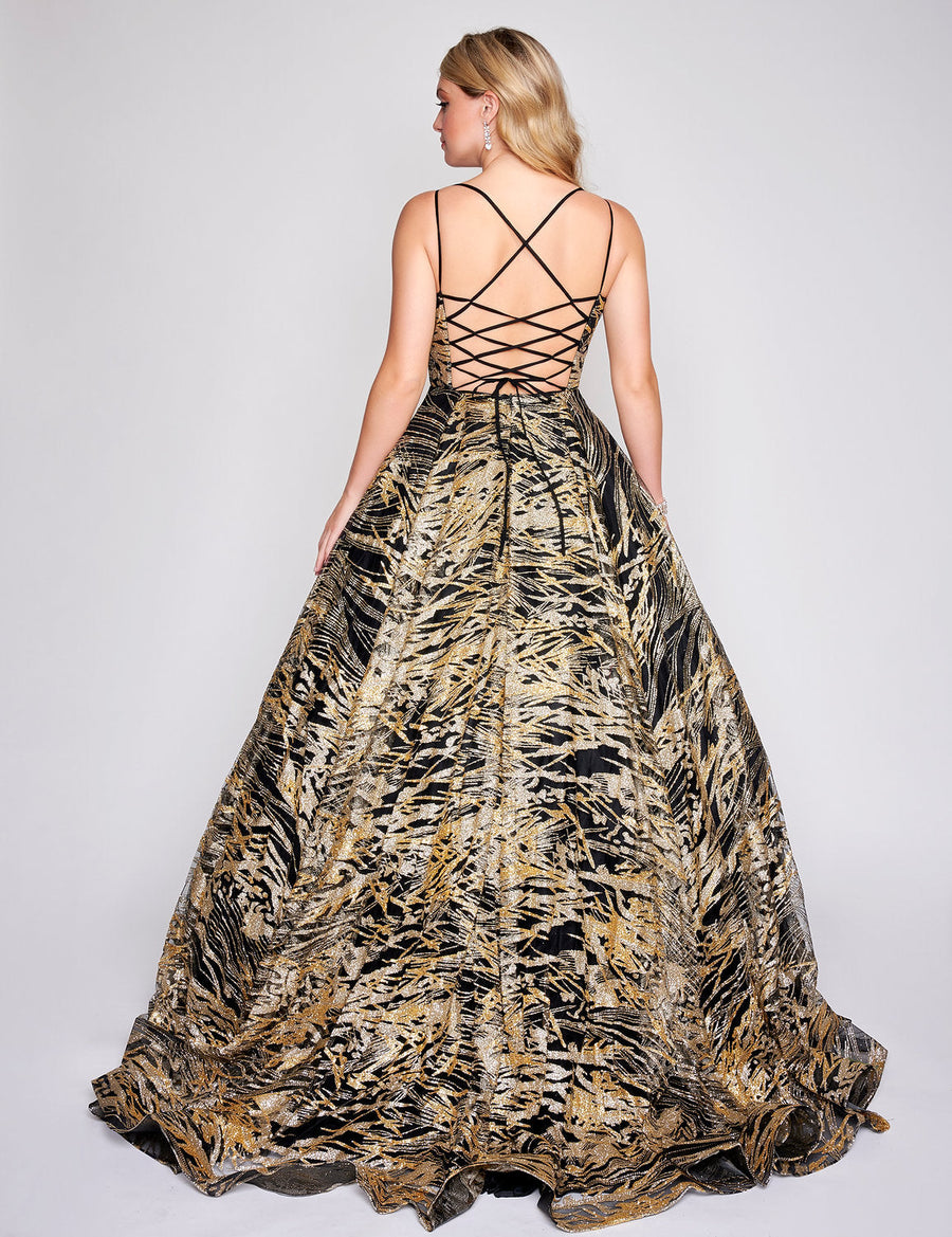 Prom Dresses A Line Long Glitter Print Formal Prom Dress Black/Gold