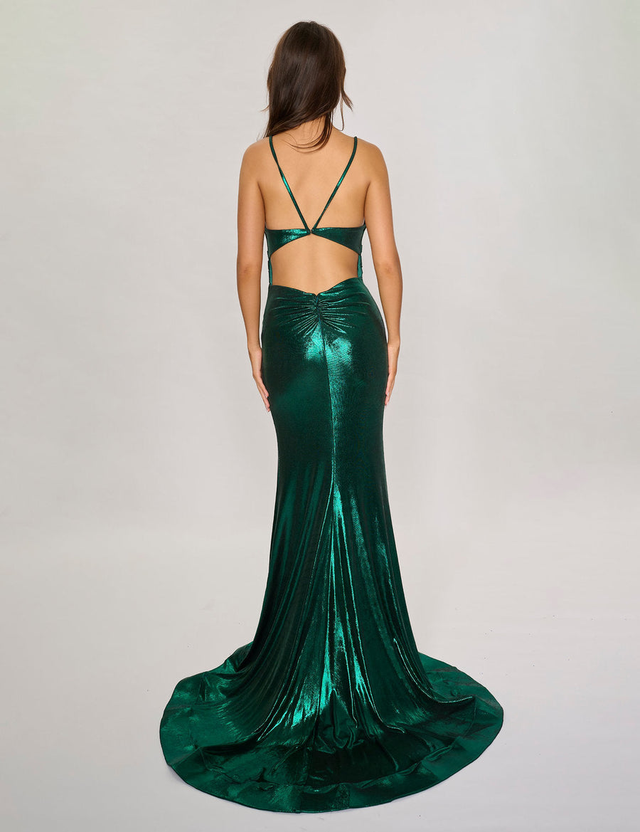 Prom Dresses Long Slit Formal Prom Metallic Dress Emerald