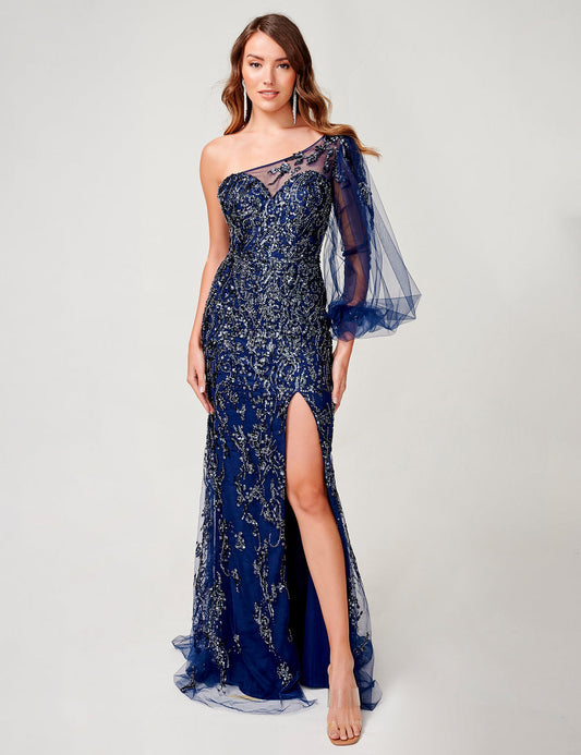 Prom Dresses Beaded Long Evening Slit Prom Dress Navy/Silver