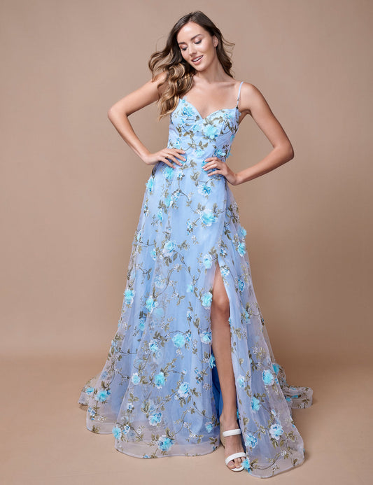 Prom Dresses A Line Long Formal Floral Print Prom Slit Dress  Baby Blue