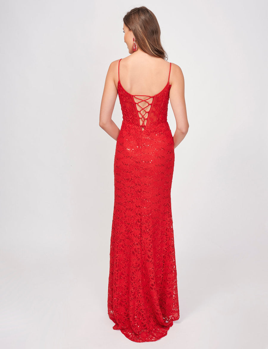 Prom Dresses Long Lace Formal Slit Prom Dress Red