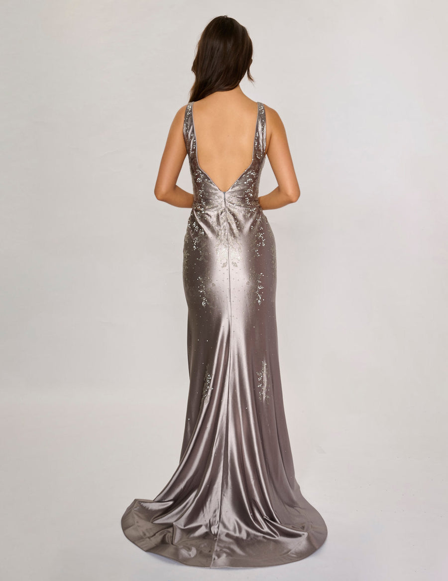 Prom Dresses Formal Long Slit Prom Metallic Dress Silver