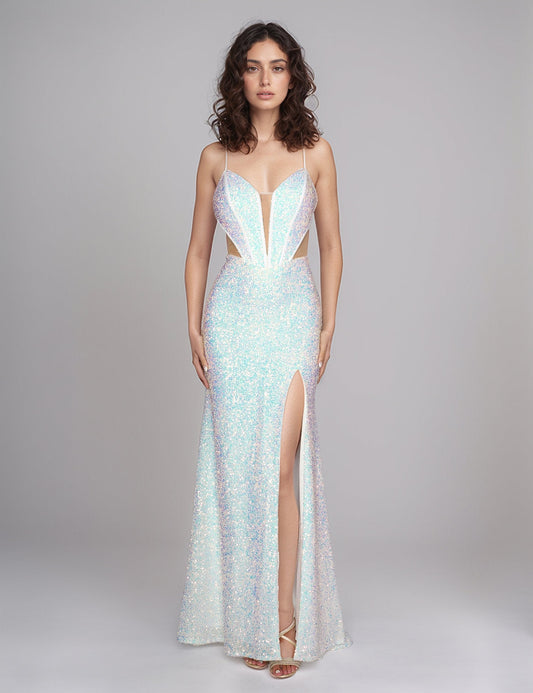 Prom Dresses Long Slit Formal Prom Sequin Dress White