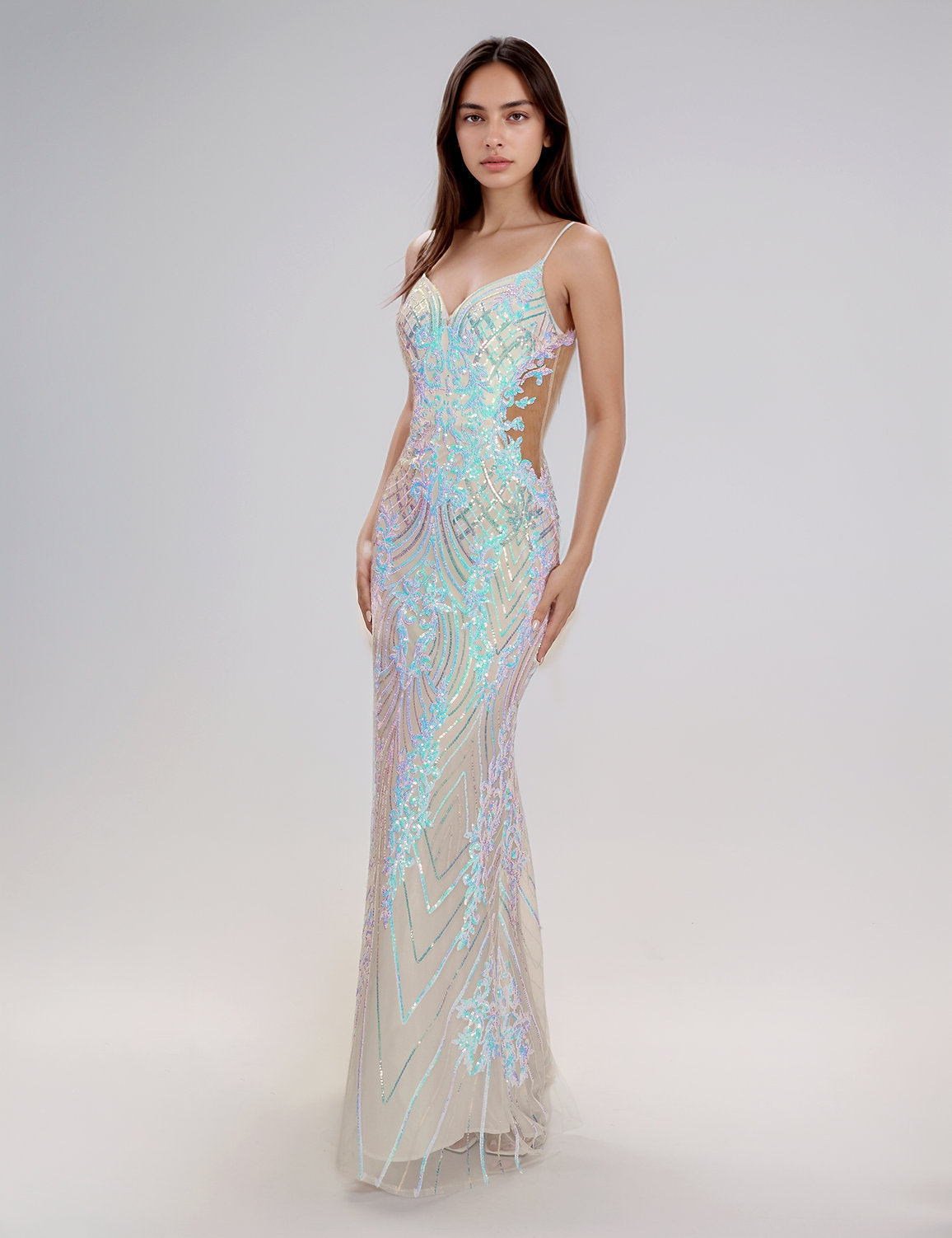 Prom Dresses Fitted Long Formal Prom Sequin Dress White
