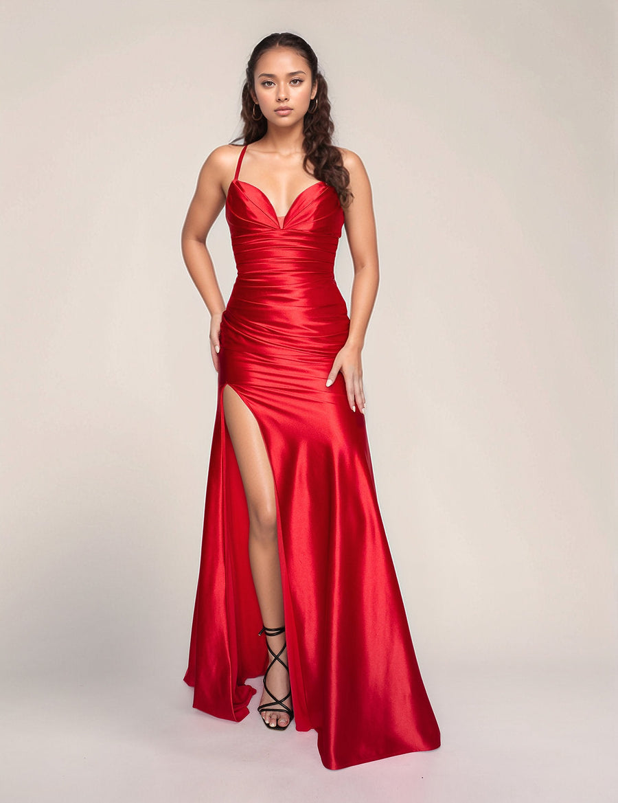 Prom Dresses Pleated Long Formal Slit Prom Dress Red