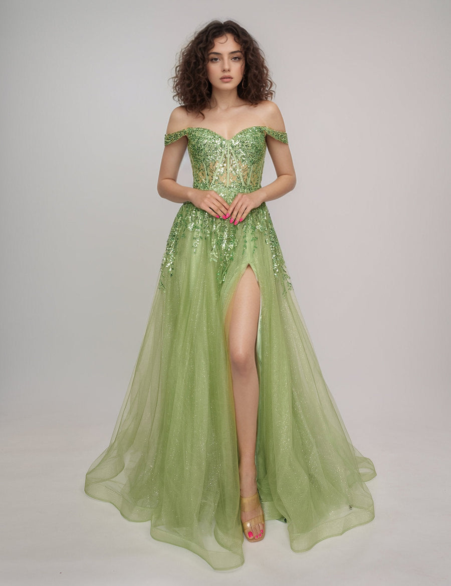 Prom Dresses Long Glitter Formal Prom Slit Dress Sage