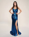 Prom Dresses Long Slit Formal Prom Metallic Dress Navy