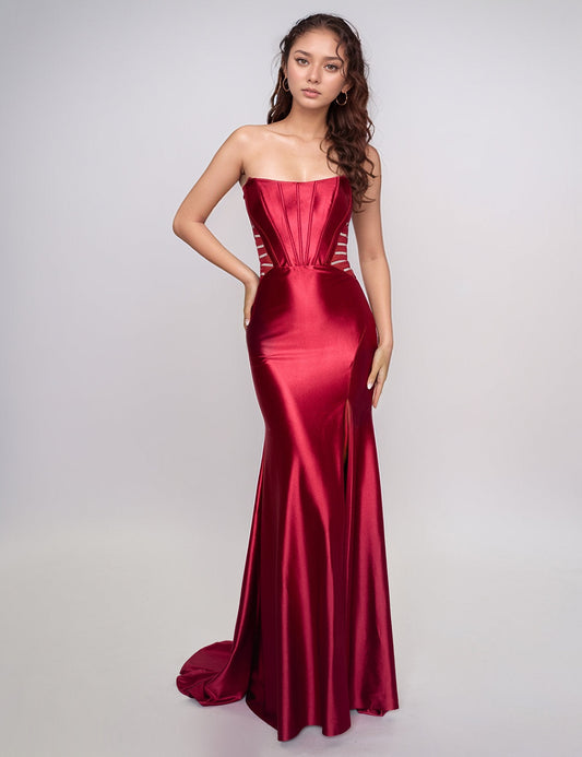 Prom Dresses Fitted Long Slit Formal Evening Prom Dress Burgundy