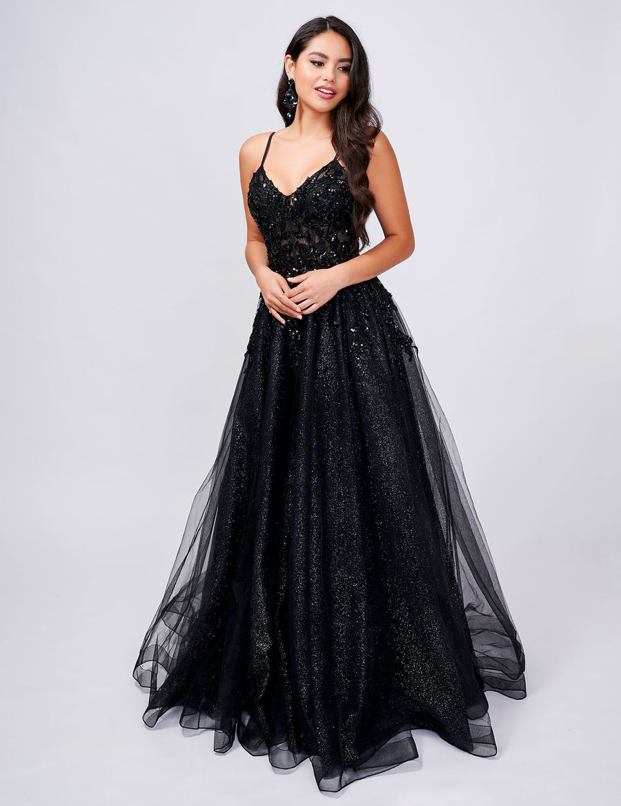 Prom Dresses A Line Slit Lace Sequin Prom Dress Black