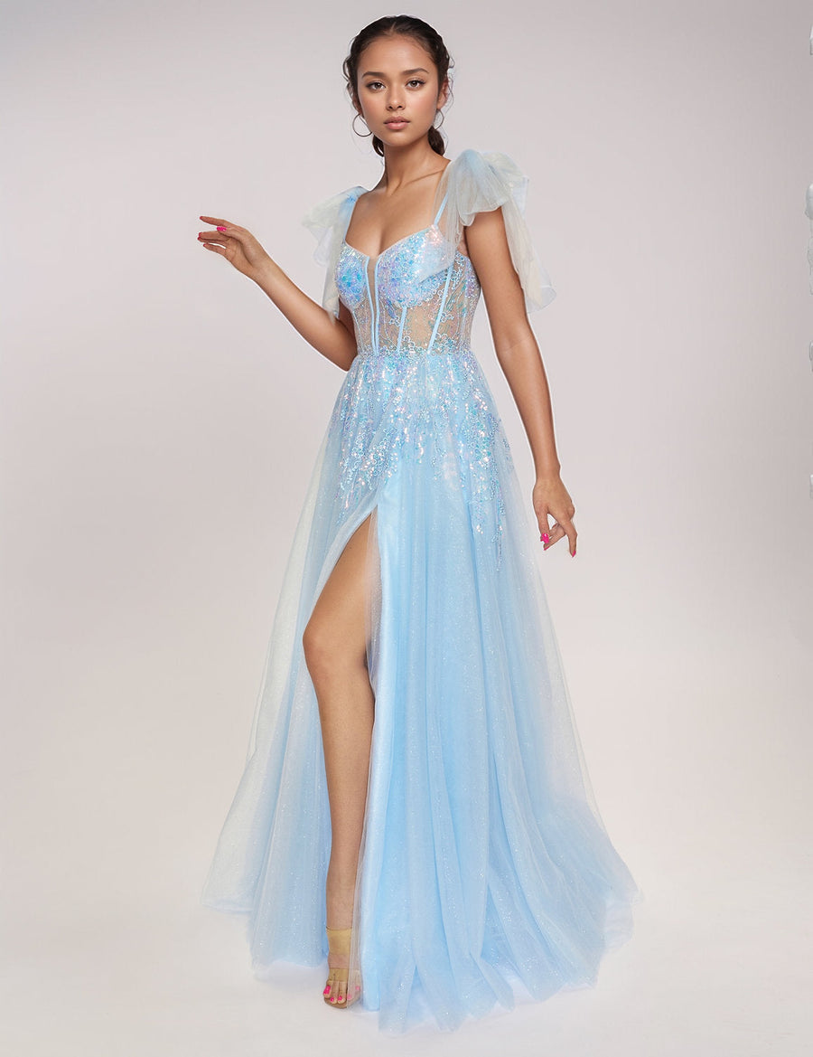 Prom Dresses Slit Long Formal Evening Prom Dress Light Blue