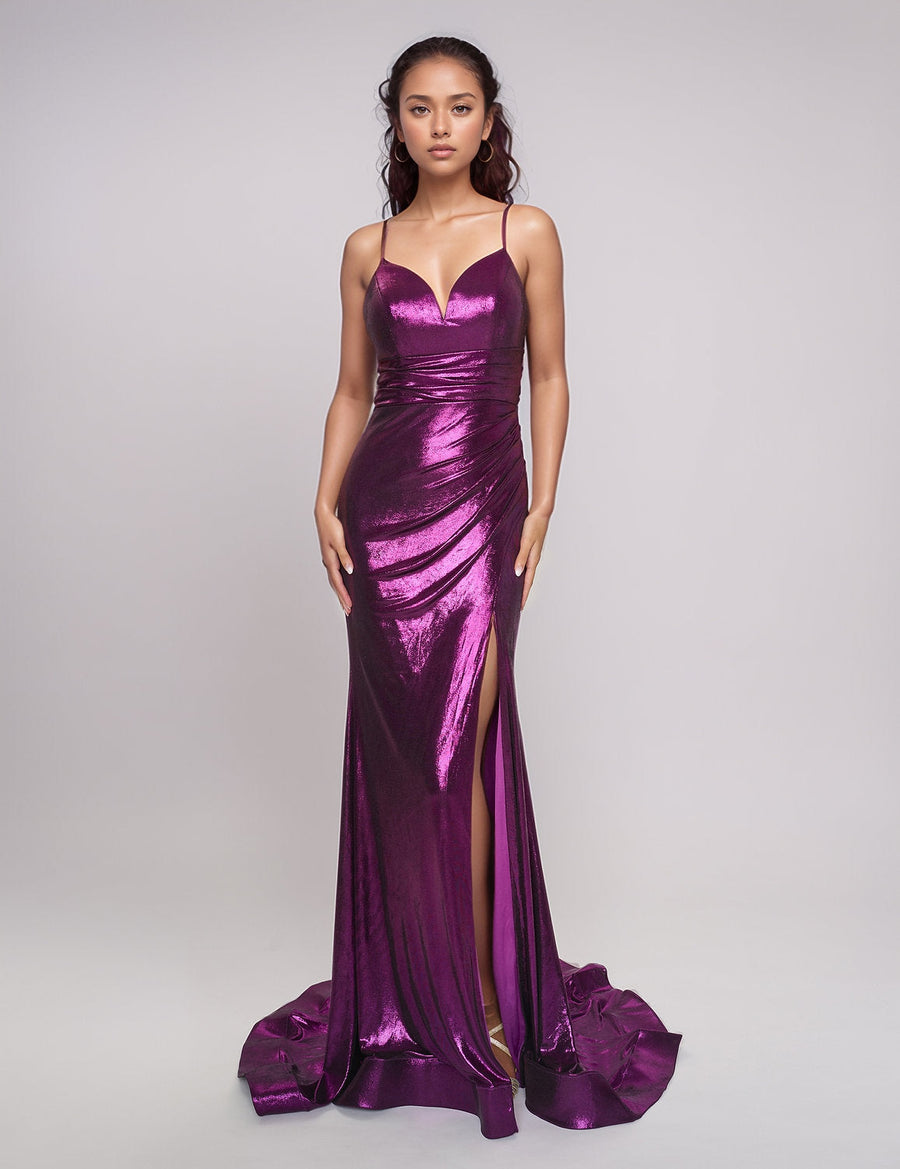 Prom Dresses Long Slit Formal Prom Metallic Dress Purple