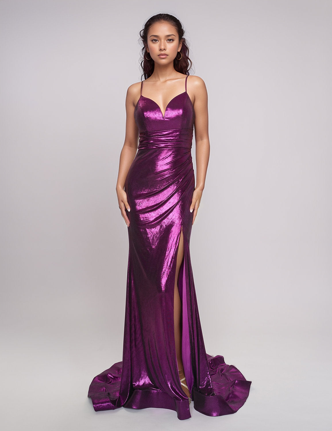 Prom Dresses Long Slit Formal Prom Metallic Dress Purple