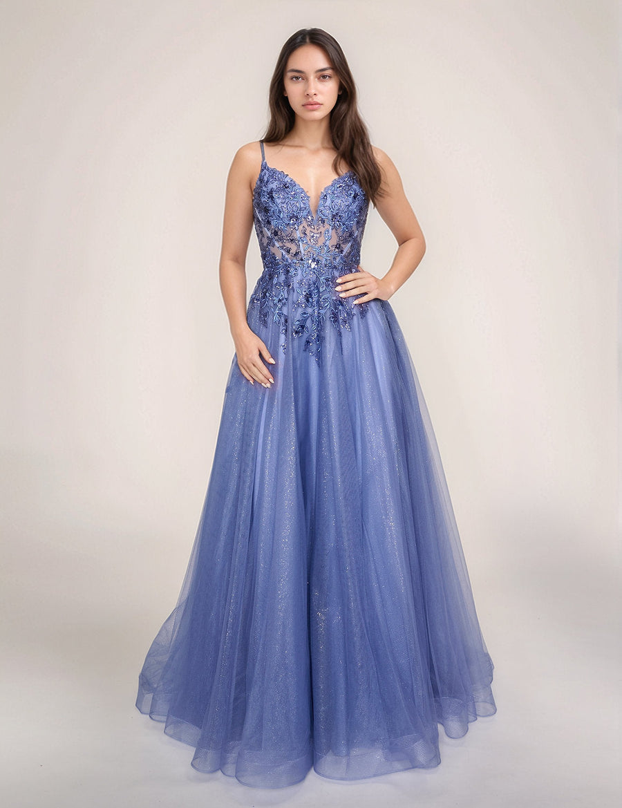 Prom Dresses A Line Long Formal Prom Glitter Dress Steel Blue