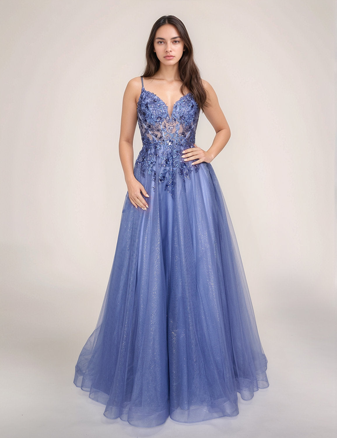 Prom Dresses A Line Long Formal Prom Glitter Dress Steel Blue