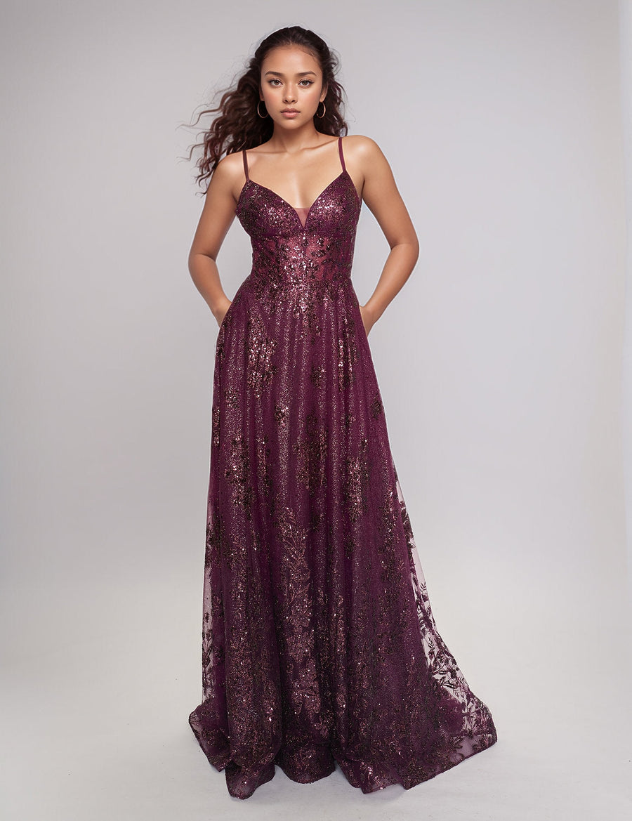 Prom Dresses A Line Long Formal Prom Glitter Dress Mulberry