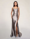 Prom Dresses Formal Long Slit Prom Metallic Dress Silver