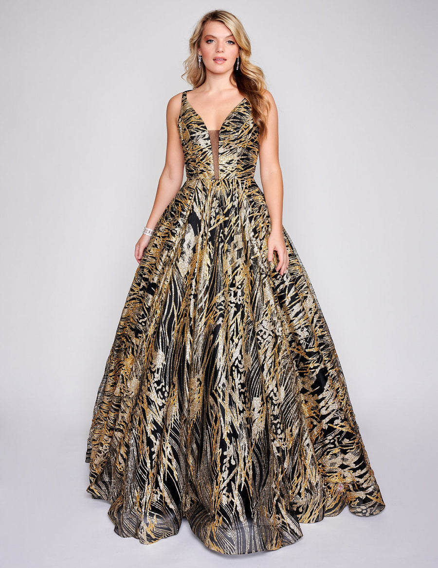 Prom Dresses A Line Long Glitter Print Formal Prom Dress Black/Gold