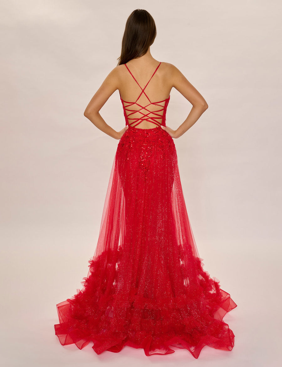 Prom Dresses Overskirt Long A Line Formal Ruffle Sequin Prom Dress Red