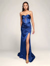 Prom Dresses Formal Long Slit Pleated Prom Dress Navy