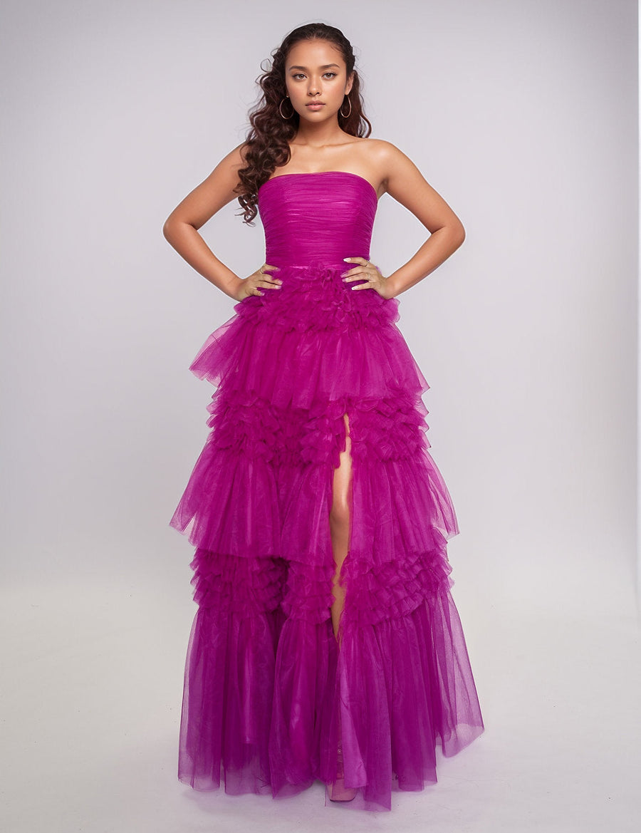 Prom Dresses Long Formal Slit Prom Layered Dress Magenta