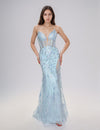 Prom Dresses Fitted Mermaid Long Lace Formal Prom Dress Light Blue