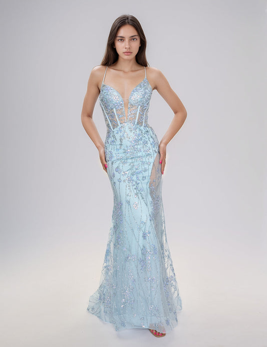 Prom Dresses Fitted Mermaid Long Lace Formal Prom Dress Light Blue