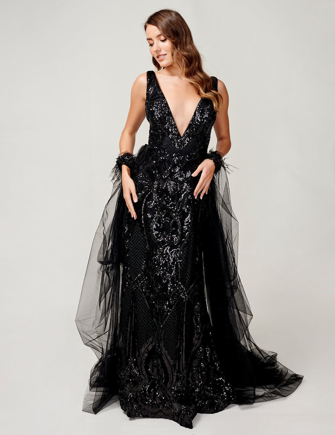 Prom Dresses Long Sequin Prom Formal Overskirt Feather Dress Black