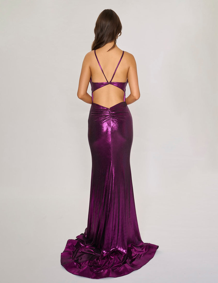 Prom Dresses Long Slit Formal Prom Metallic Dress Purple