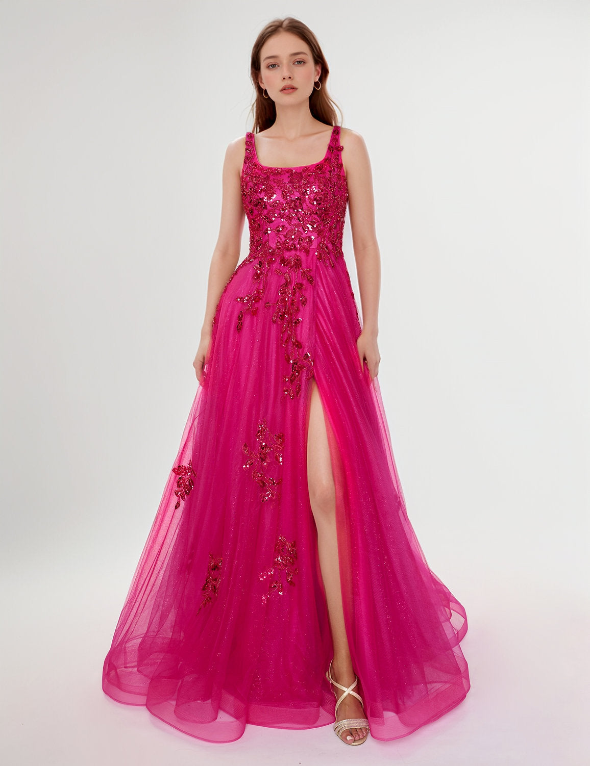 Prom Dresses Glitter Long Formal Slit Prom Dress Hot Pink
