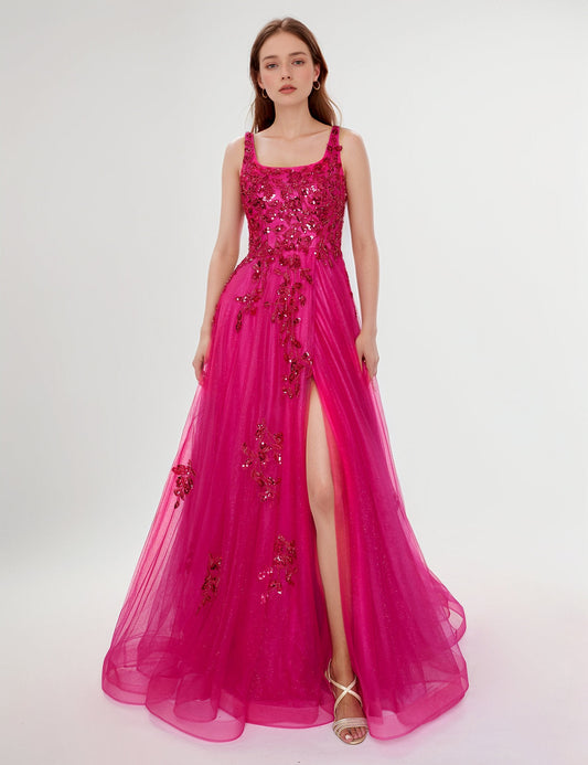 Prom Dresses Glitter Long Formal Slit Prom Dress Hot Pink