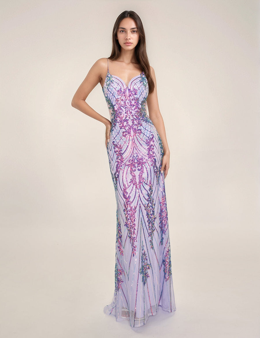 Prom Dresses Fitted Long Formal Prom Sequin Dress Lilac