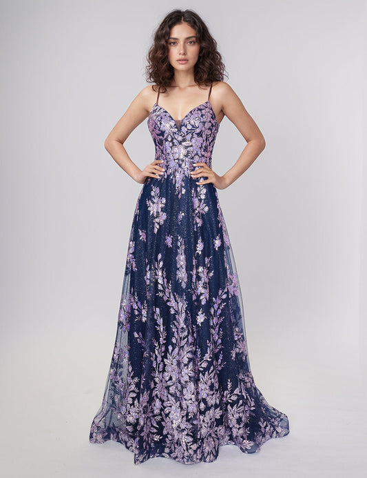 Prom Dresses A Line Long Formal Prom Glitter Dress Navy/Lilac