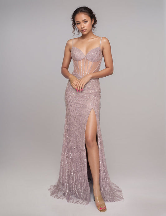 Prom Dresses Long Sequin Slit Formal Prom Dress Mauve