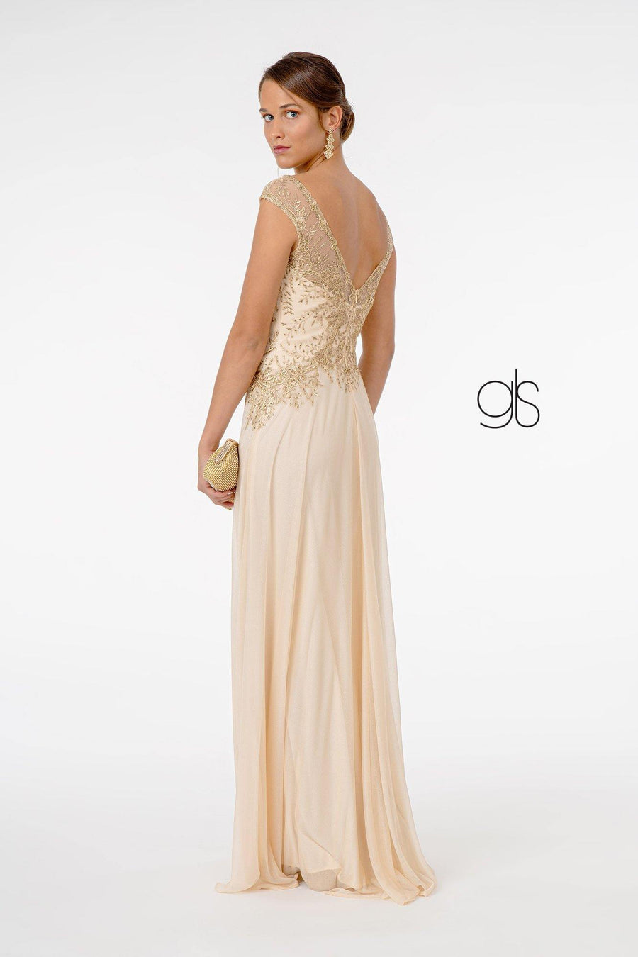 Embroidered Bodice V-Neck Long Formal Dress - The Dress Outlet Elizabeth K